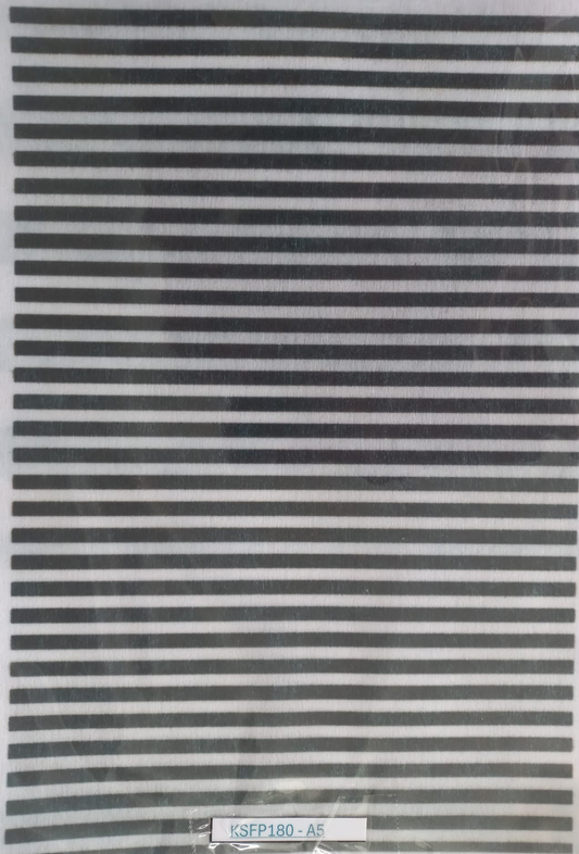 A sheet of black and white horizontally striped adhesive tape, sealed in a clear plastic bag, with a small white label at the bottom reading 'KSFP180-A5'.