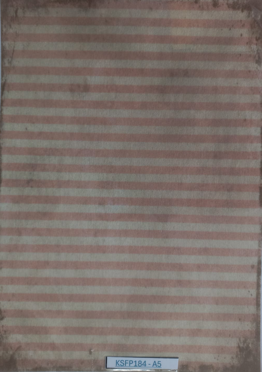 A rectangular striped cardstock or craft paper sample with alternating dusty rose and beige horizontal stripes, showing distressed brown edges, displayed inside a clear plastic sleeve.