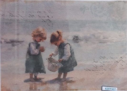 A watercolor-style painting of two young girls standing on a beach, one holding a bucket. The artwork has a soft, muted palette with gray-blue water, sandy beige shore, and dark green-gray dresses.