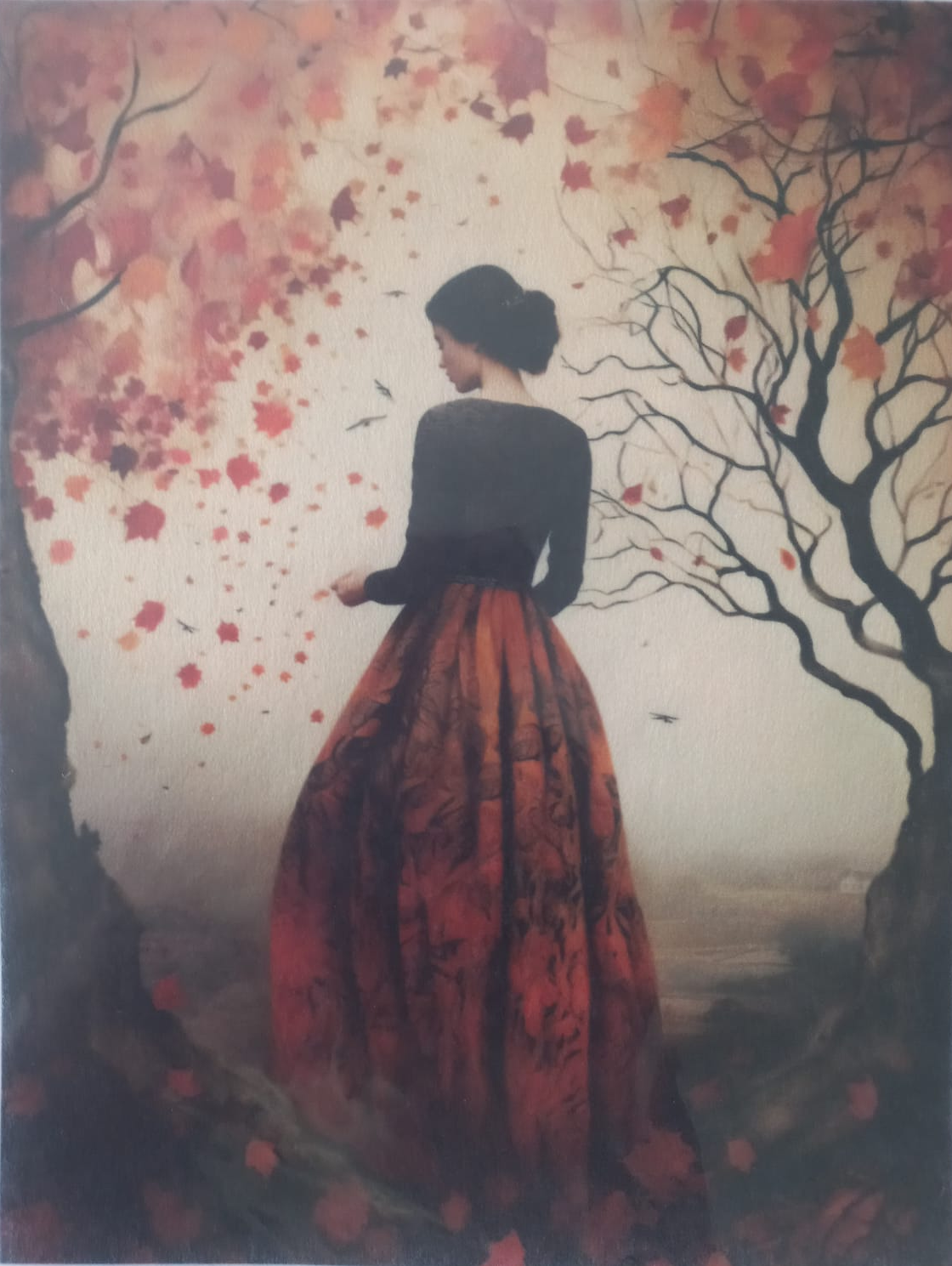 A vintage-style art print or poster depicting a woman from behind, wearing a long black top and a voluminous red and orange patterned skirt, standing in front of trees with falling red leaves. The print has a white border with text at the bottom.