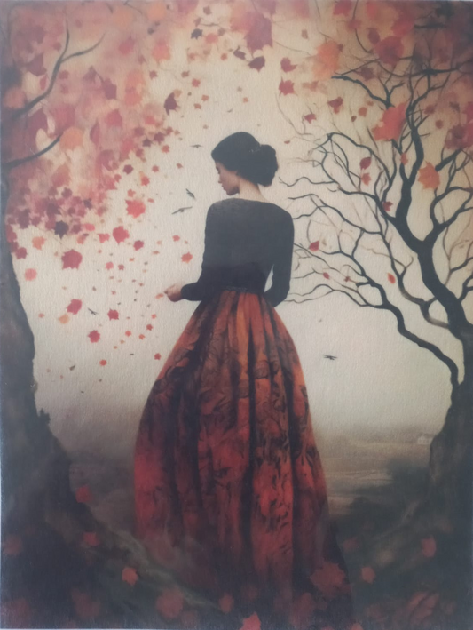 A vintage-style art print or poster depicting a woman from behind, wearing a long black top and a voluminous red and orange patterned skirt, standing in front of trees with falling red leaves. The print has a white border with text at the bottom.