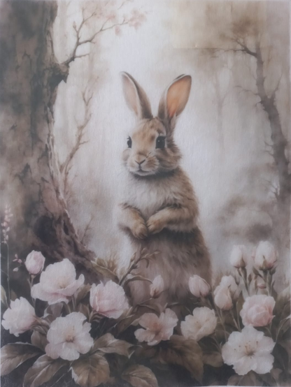 A square fabric art print or patch featuring a brown rabbit standing among pale pink flowers in a softly shaded woodland scene. The print has a white border with repeated 'Spring Flower Bunny' text at the top and bottom, and the item appears photographed flat against a light neutral background.