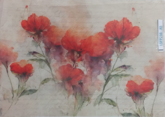 A watercolor-style floral artwork showing red poppy-like flowers with green stems on a warm beige textured background, photographed inside a clear plastic sleeve. A small vertical label is visible along the right edge.
