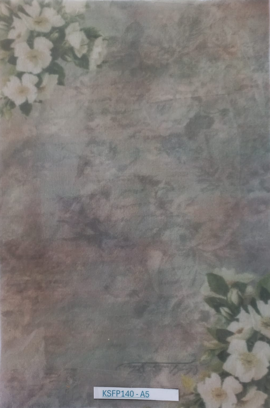 A square decorative card or print with a vintage distressed background in muted gray-green and brown tones, decorated with white flowers in the top-right and bottom-left corners. A small vertical label on the left reads 'XSPJ-90-45'.