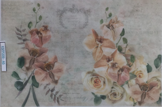 A rectangular decorative print or card featuring watercolor-style floral artwork with peach orchids, cream roses, and green leaves over a distressed beige background with faint script text. The item appears to be photographed inside a clear plastic sleeve, with a small white label visible on the left edge.