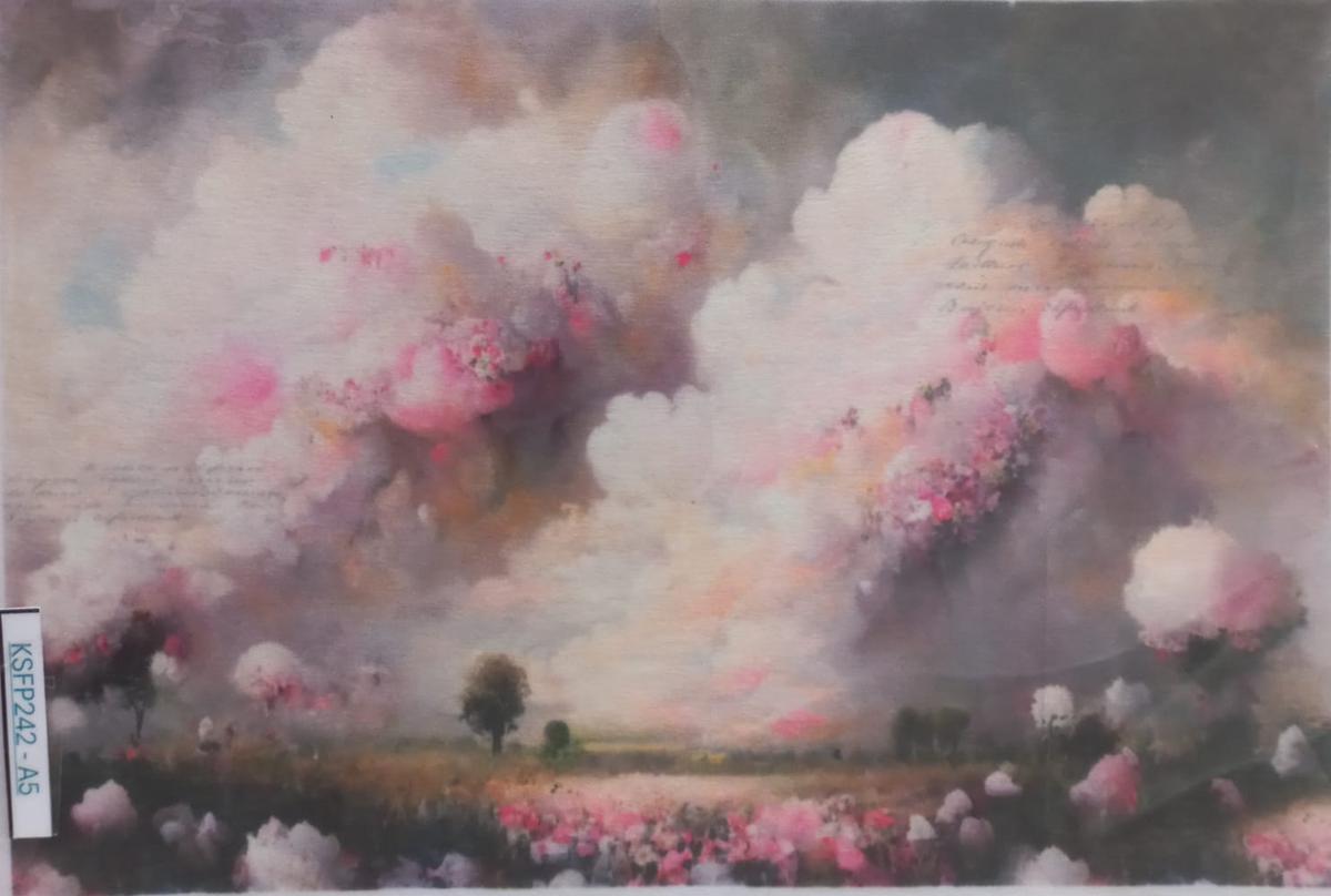 A square art print or painting depicting a dreamy landscape with large pink and white clouds over a field of flowers, photographed flat against a white background with a protective sleeve visible.