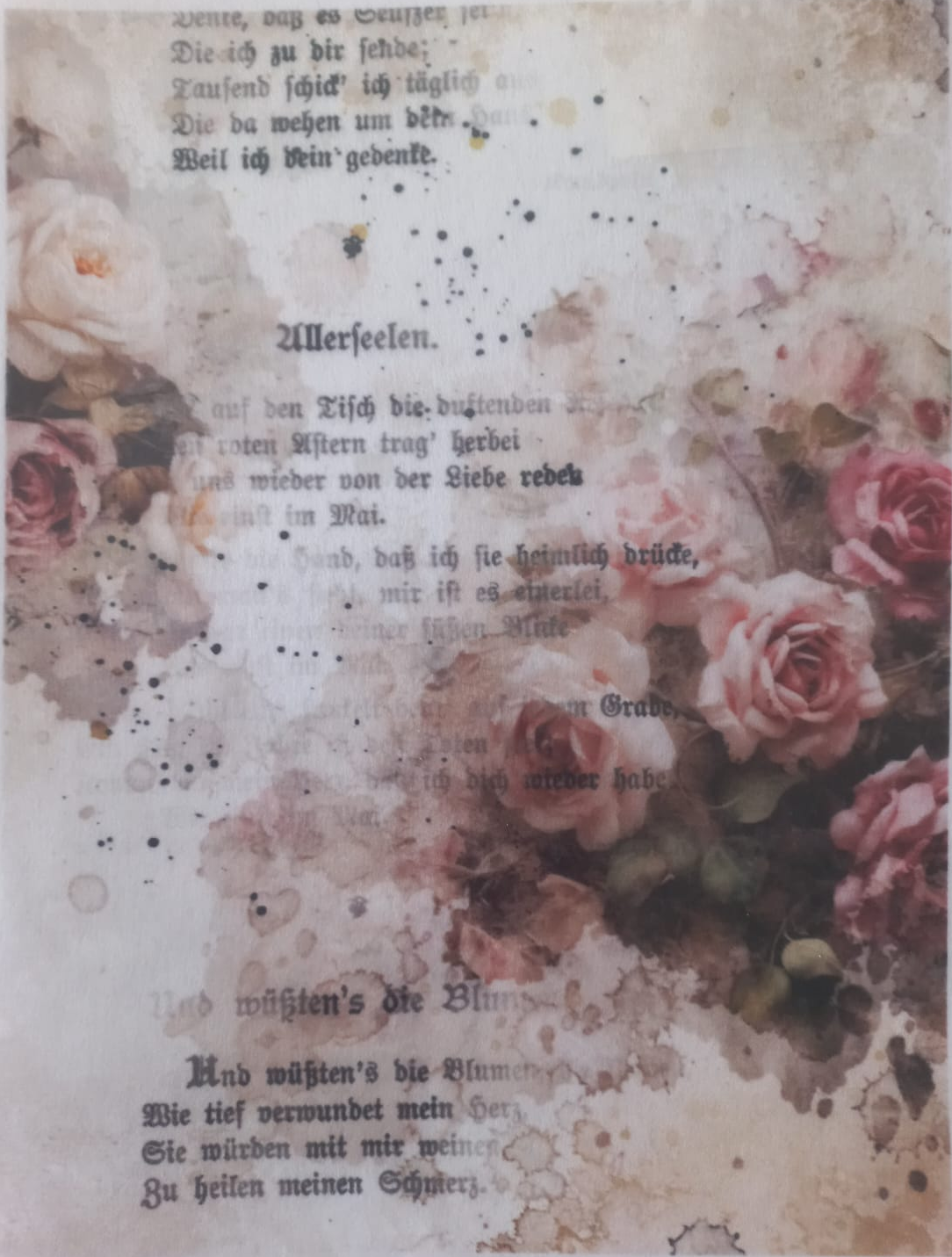 A vintage-style floral card or art print featuring German text, watercolor splashes, and large pink roses on a warm beige background, photographed inside a clear plastic sleeve.