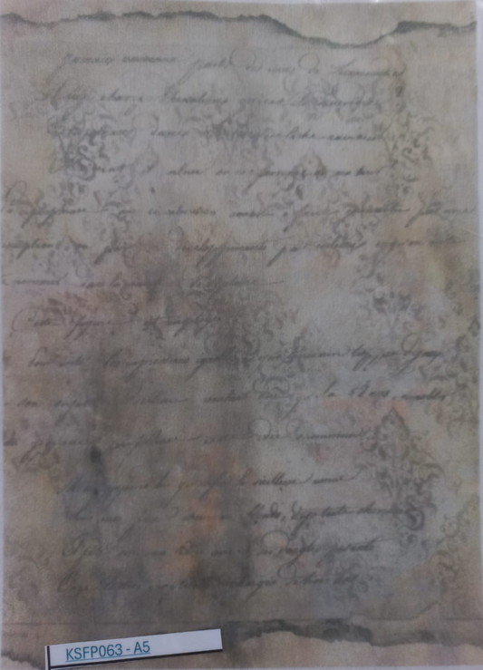 An aged, yellowed handwritten document or letter with cursive script and decorative flourishes, photographed flat against a light background. A small label at the bottom reads KSFP063-A5.