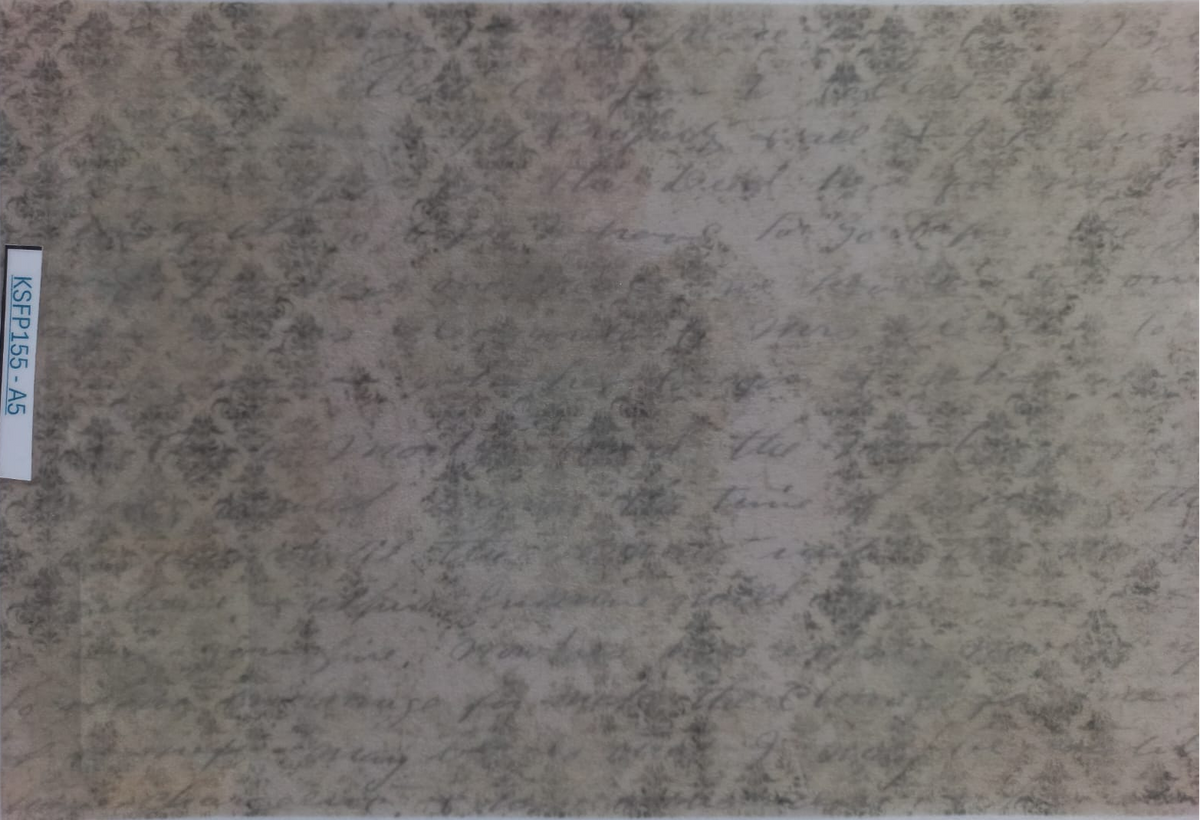 A rectangular sheet of vintage-style wallpaper or fabric featuring a faded damask floral pattern over a background of cursive handwriting, with a white vertical label on the left side.
