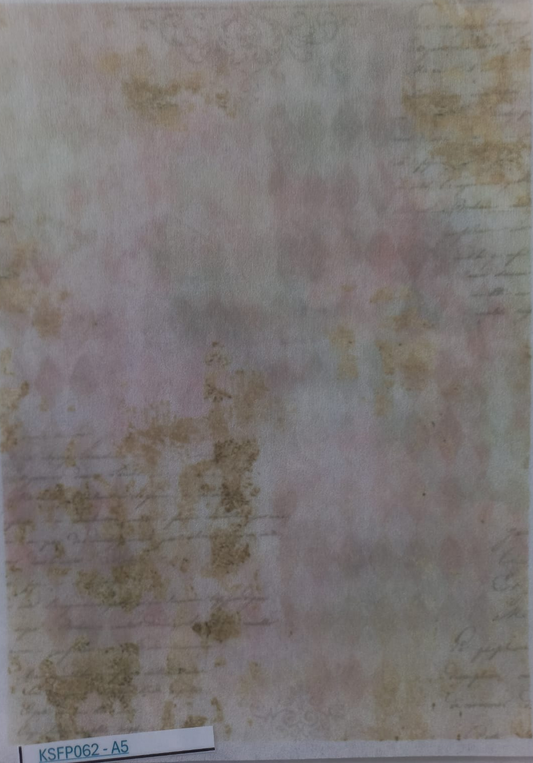 A vintage-style distressed paper sheet with cursive handwriting, gold foil accents, and faded pink and yellow tones, enclosed in a clear protective sleeve.