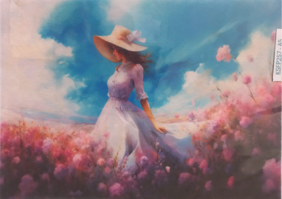 A square art print or painting depicting a woman in a wide-brimmed hat and a light dress standing in a pink flower field under a blue sky with clouds.