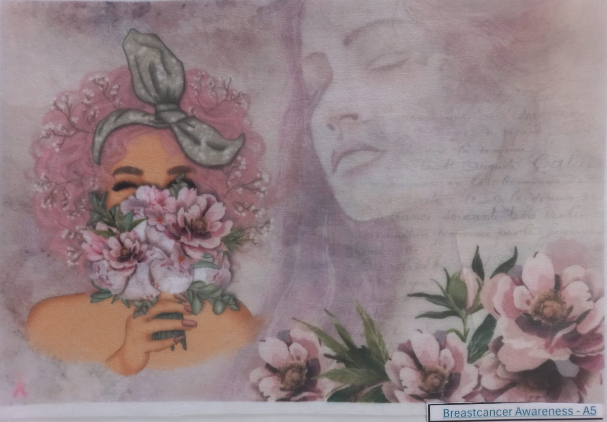 A square art print for Breast Cancer Awareness featuring a stylized illustration of a woman with pink hair and flowers holding a bouquet, layered over a faded portrait and cursive script background.
