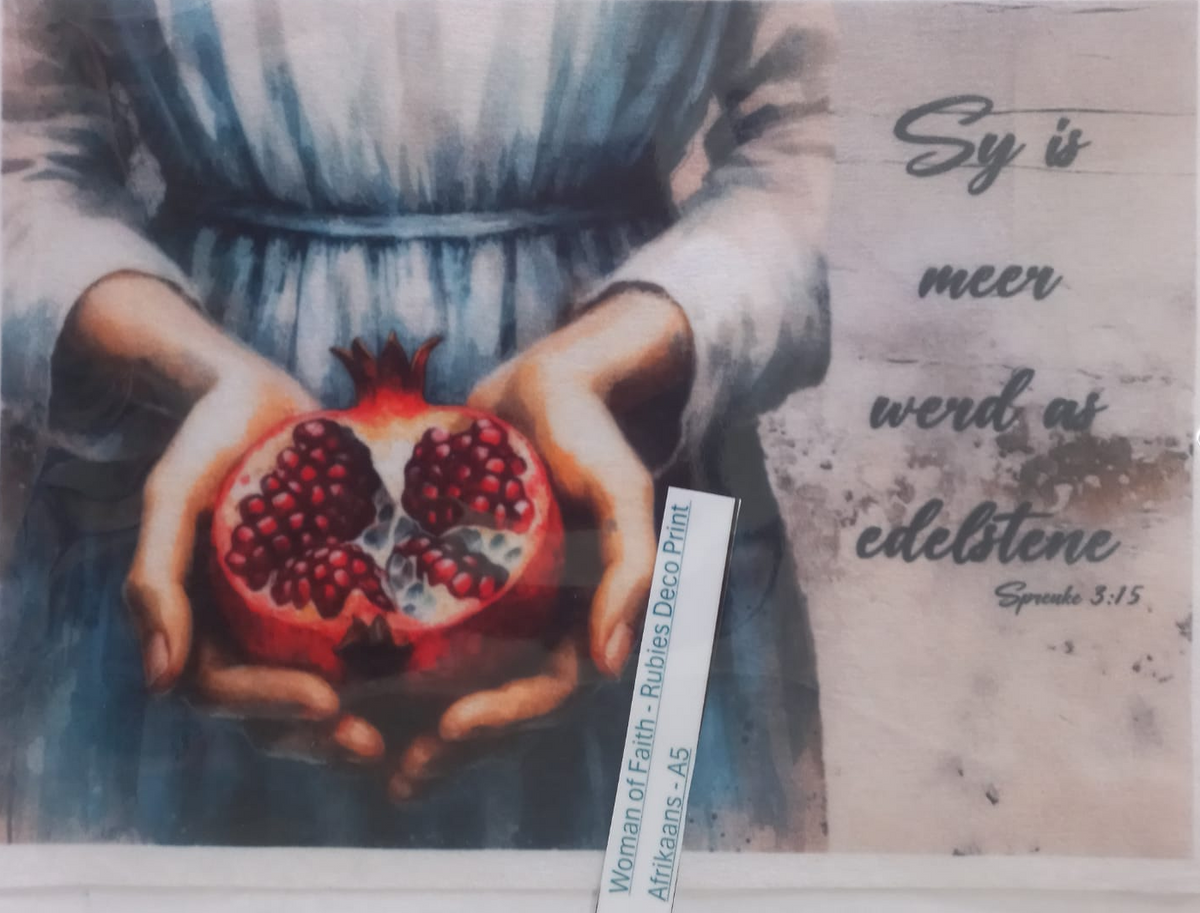 A square art print or card in clear plastic packaging, showing a painted scene of a person in a blue dress holding a pomegranate, with Dutch text on the right side and a small vertical label reading 'Woman of Faith - Blind Disco Print' and 'Refrains: AS'.