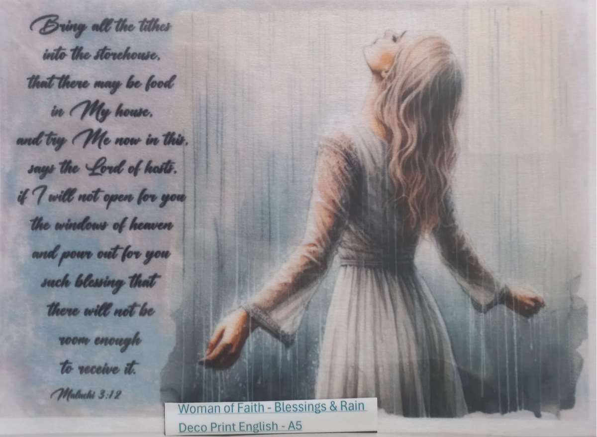 A square decorative print featuring a woman in a white dress looking upward in a misty blue-gray scene, with a Bible verse printed on the left side. A small label at the bottom reads 'Woman of Faith - Blessings & Rain' and 'Deco Print English - A5'.