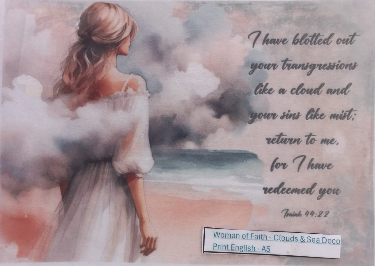 A square art print or card featuring a watercolor-style illustration of a woman in a flowing white dress standing among clouds by the sea, with a Bible verse printed on the right side and a small label at the bottom reading 'Woman of Faith - Clouds & Sea Deco Print English - A5'.