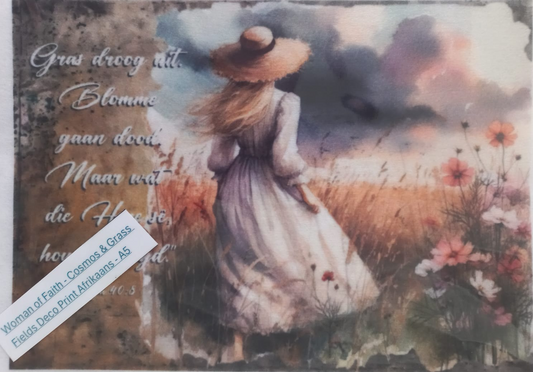 A square art print or card featuring a watercolor-style scene of a woman in a white dress standing in a field of flowers, with Dutch text on the left and a diagonal white label reading 'Woman of Faith - Cosmos & Grace' and 'Faas Doo Print Afrikaans - AS'.