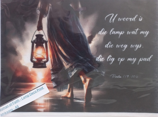 A square art print featuring a dark, moody painting of a woman in a flowing dress carrying a glowing lantern while walking through shallow water. White script text overlays the right side with a Bible verse from Psalm 119:103, and a diagonal label in the lower left reads 'Woman of Earth - Lamp of Earth Print'.